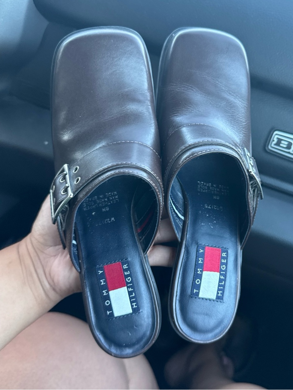 Tommy Hilfiger Dark Brown Leather Buckle Mule Slides #vintage